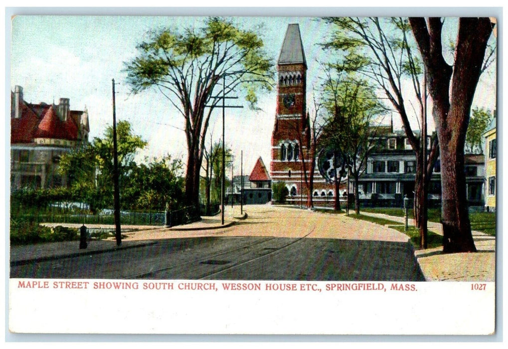 c1905 Maple Street Showing South Church Wesson House Etc. Springfield Postcard