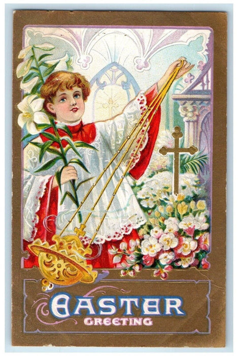 c1910's Easter Greeting Boy Holding Incense Holy Cross Flowers Embossed Postcard