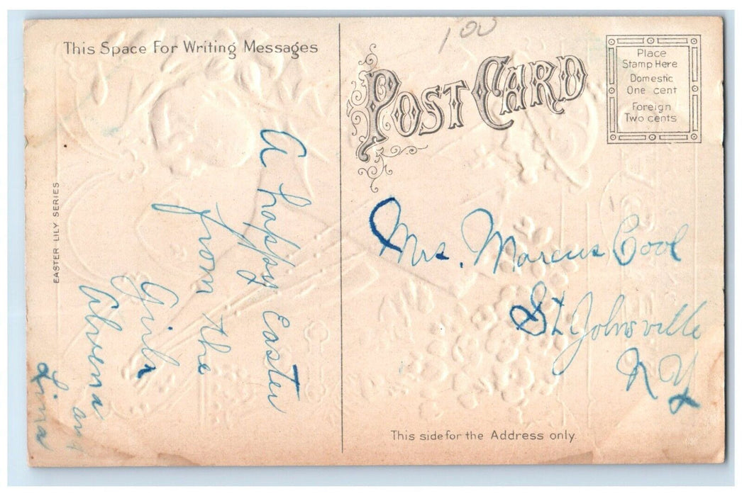 c1910's Easter Greeting Boy Holding Incense Holy Cross Flowers Embossed Postcard