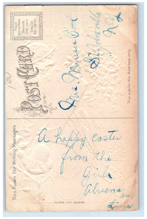 c1910's Easter Greeting Boy Holding Incense Holy Cross Flowers Embossed Postcard