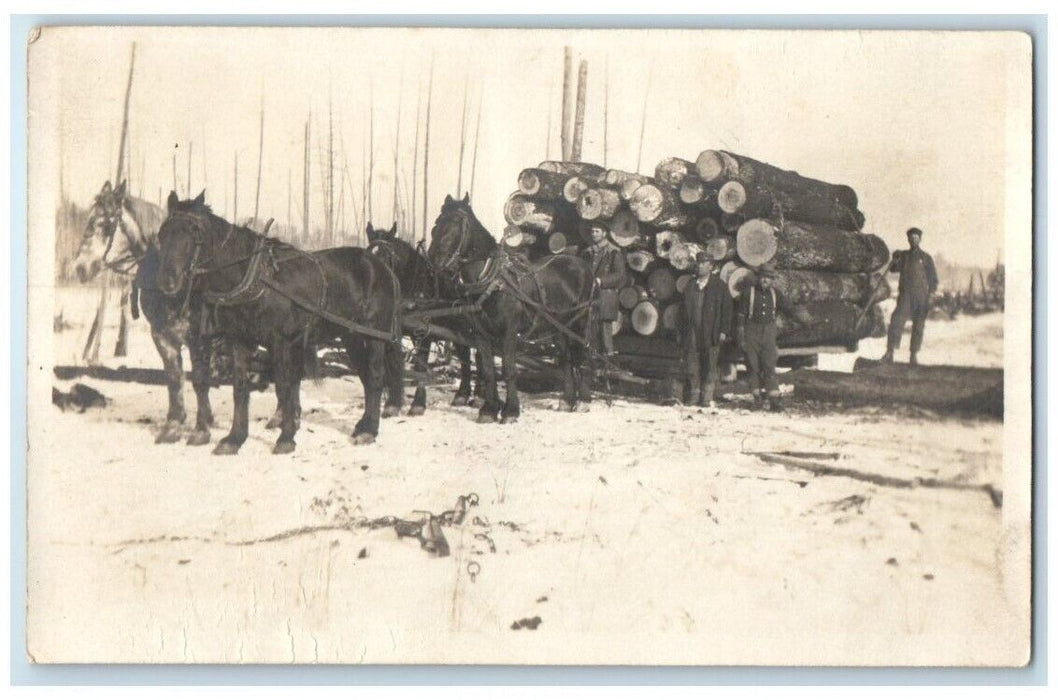 c1910's Horse Team Wagon Logging Hauling Logs In Winter RPPC Photo Postcard