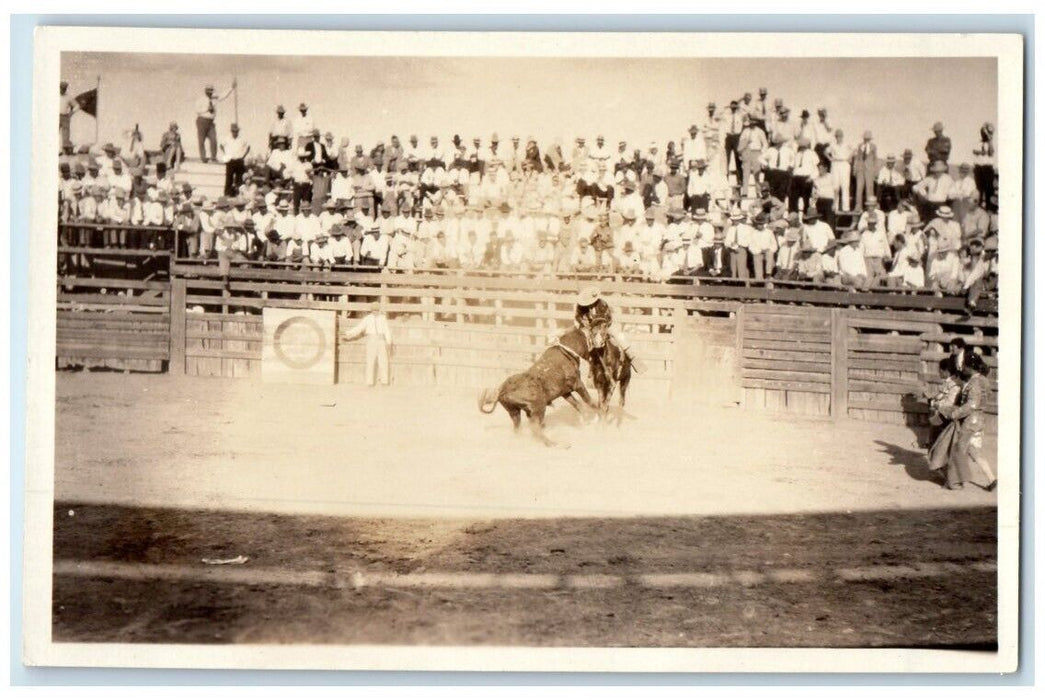 c1920's Rodeo Cowboy Bull Fighting Matador Arena View RPPC Photo Postcard