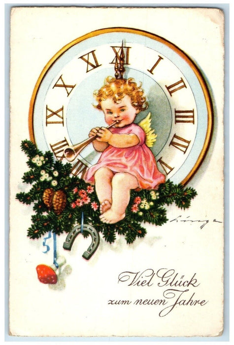 Viel Gluck Little Girl Flute Pine Cone Flowers Mushroom Horseshoe Postcard