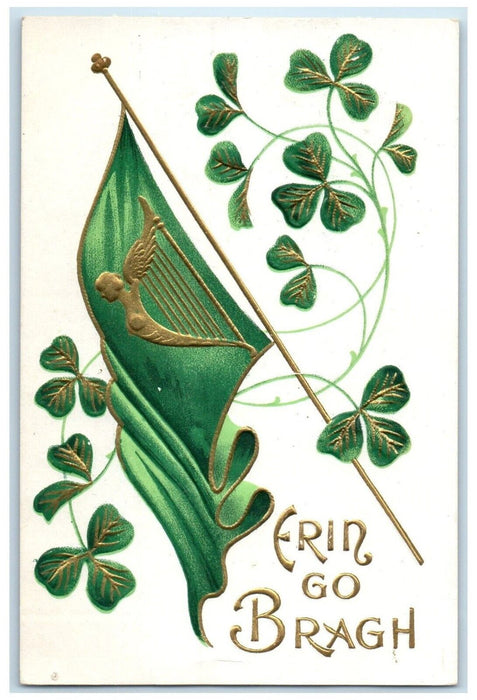 c1910's St. Patrick's Day Erin Go Bragh Flag Shamrock Embossed Antique Postcard