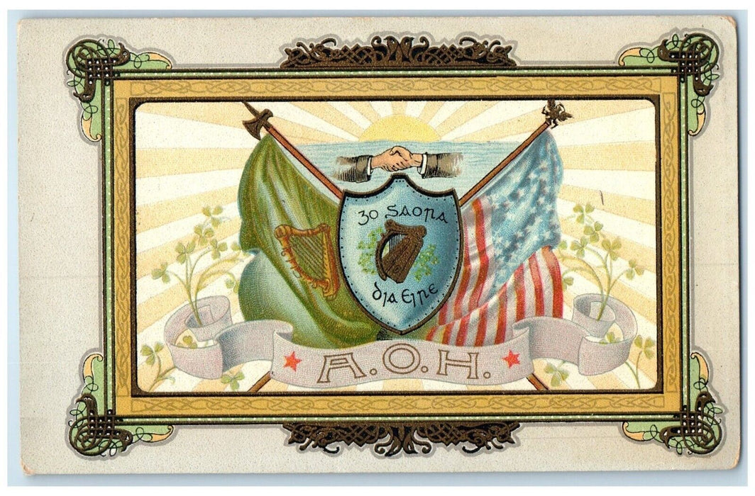 c1905 AOH Flags Patriotic Harp Shamrocks Handshake Unposted Antique Postcard