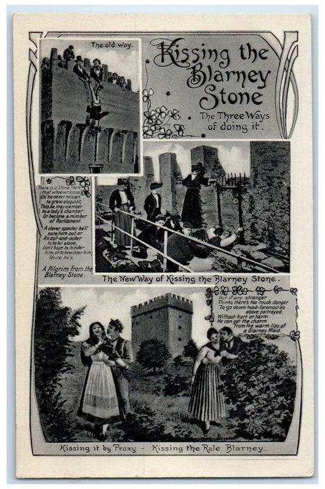 c1910's Kissing The Blarney Stone The Three Ways Of Doing It Multiview Postcard