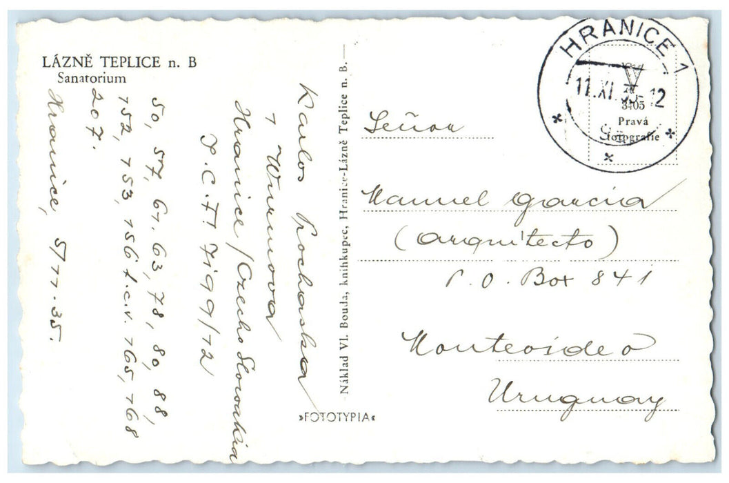 1935 Lázně Teplice Nad Bečvou Sanatorium Czech Republic RPPC Photo Postcard