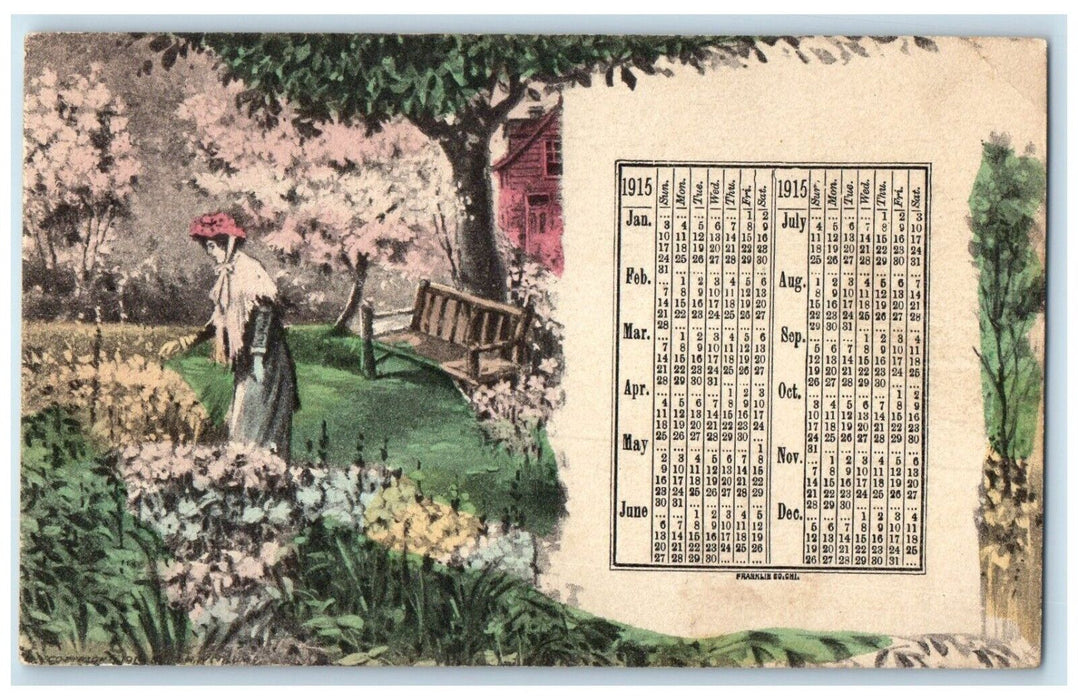 1915 Woman Picking Flowers Calendar Chester Pennsylvania PA Antique Postcard