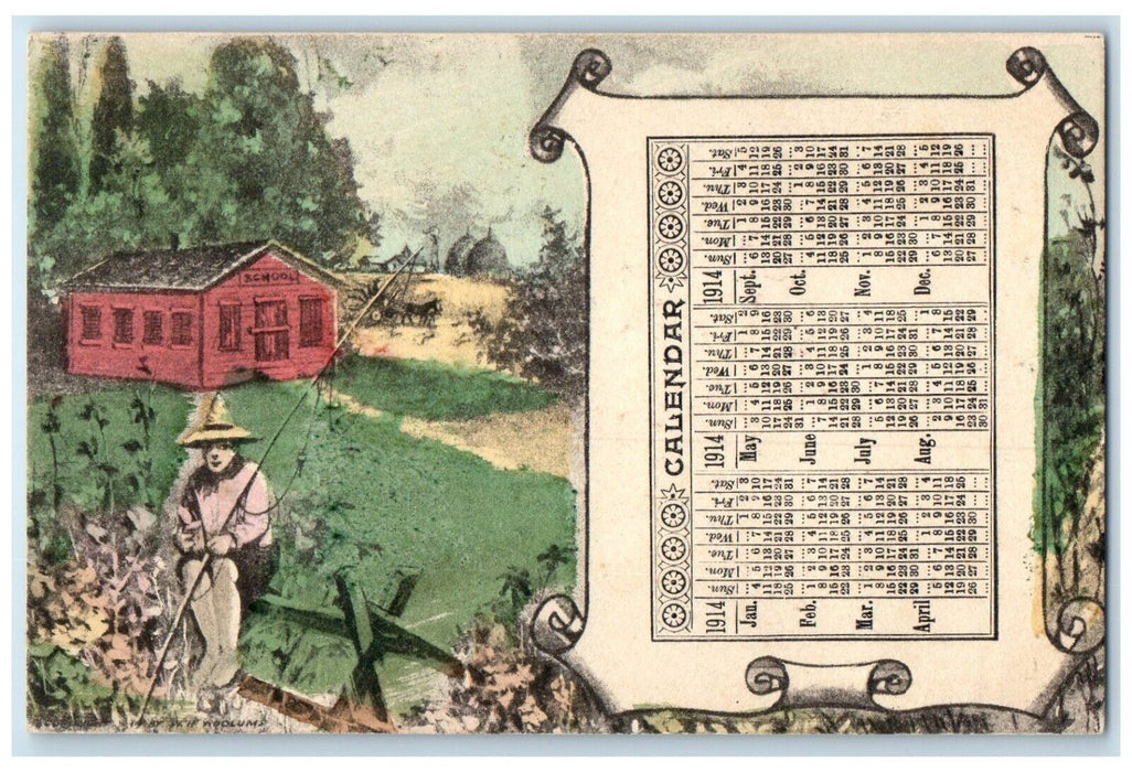 1914 Boy Fishing School Scene Calendar Litchfield Connecticut CT Posted Postcard