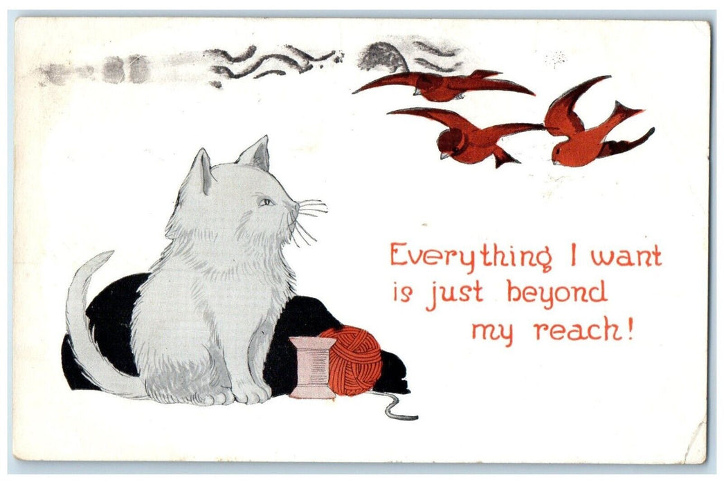 1924 Cat Yarn Birds Everything I Want Is Just Beyond My Reach Lyons NY Postcard