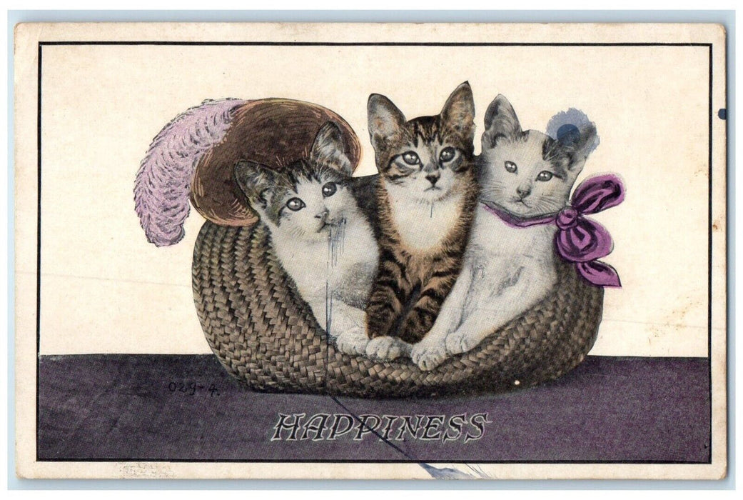 c1910's Cute Cat Kittens Feather Hat Bow In Basket Animals Antique Postcard