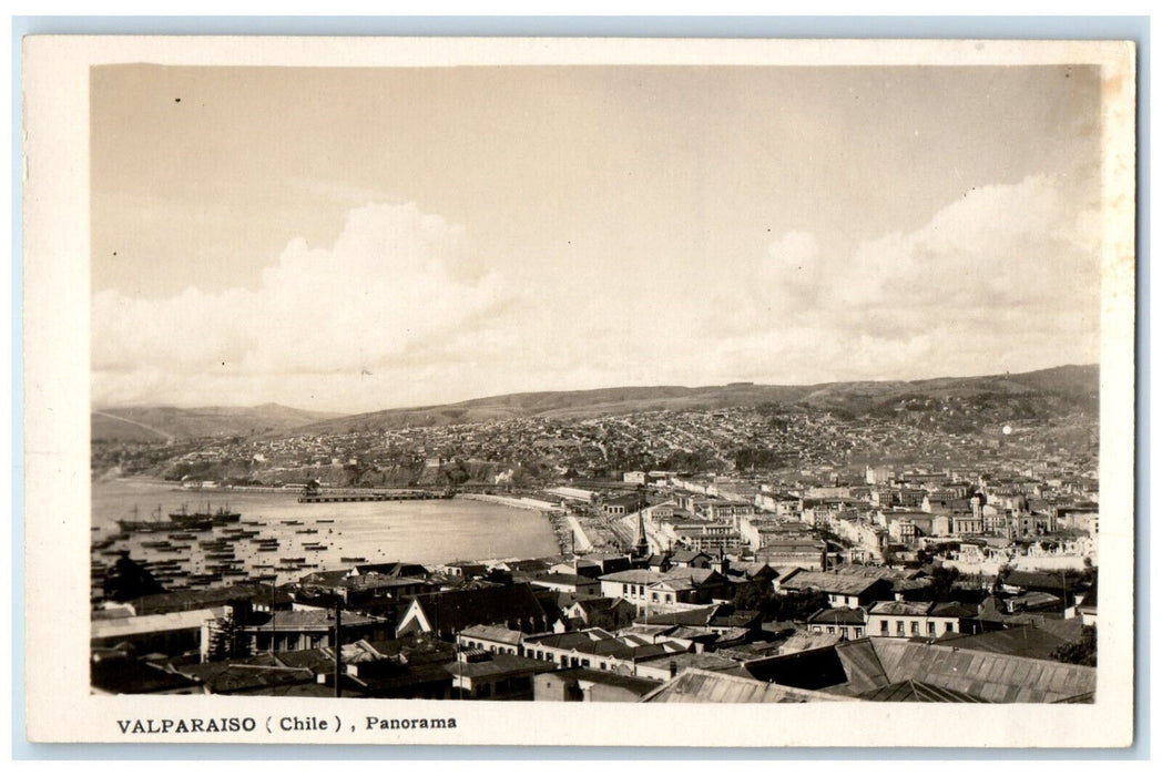 c1930's Panorama View Houses Sea Boat Valparaiso Chile RPPC Photo Postcard