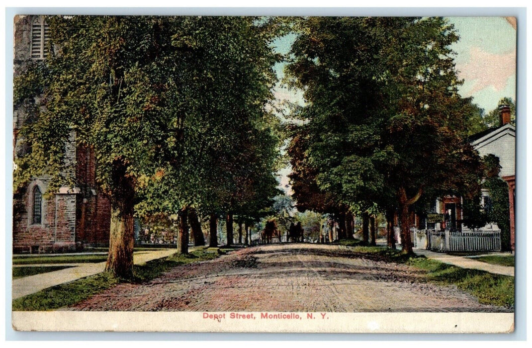 1913 Scenic View Depot Street Road Trees Buildings Monticello New York Postcard