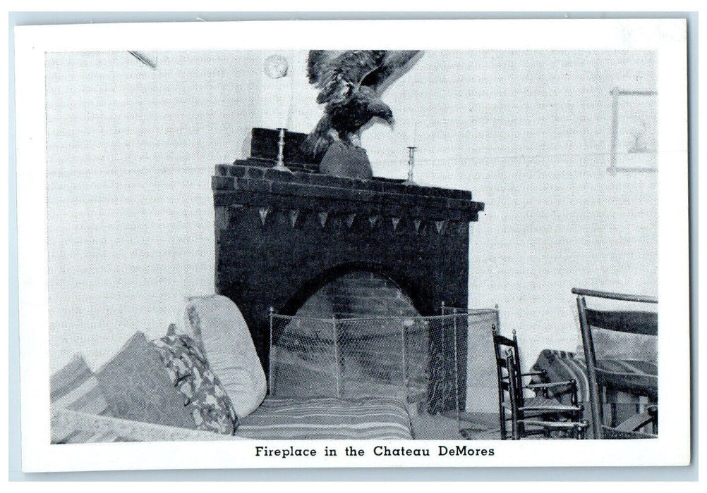 c1940 Fireplace Chateau DeMores Interior North Dakota Vintage Antique Postcard