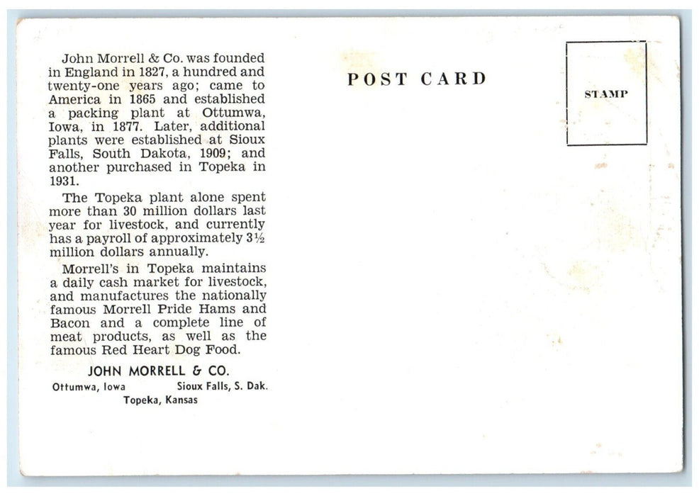 c1940 John Morrell Company Institution Plant Exterior Topeka Kansas KS Postcard