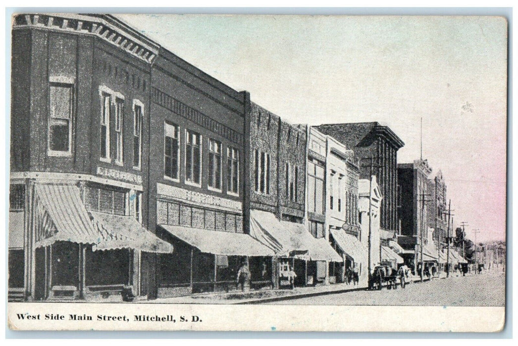 c1910 West Side Main Street Exterior Building Mitchell South Dakota SD Postcard