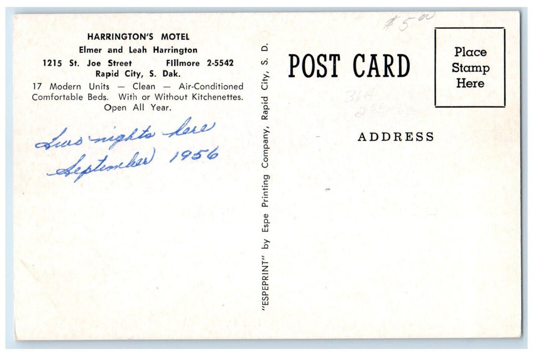 1940 Harrington's Motel Elmer Leah Harrington St. Joe Street Rapid City Postcard