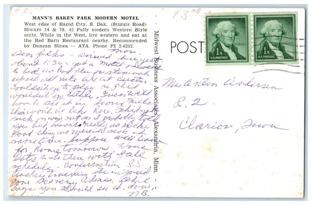 c1940 Mann's Baken Park Modern Motel West Edge Rapid City South Dakota Postcard