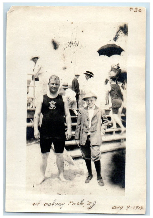 1914 Bridge Man and a Boy Swimming Asbury Park New Jersey NJ Antique Photo