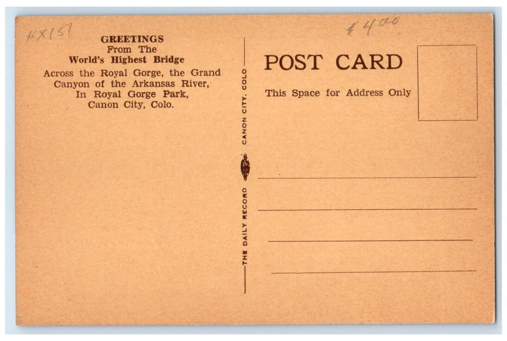 c1940 Royal Gorge Grand Canyon Arkansas River Canon City Colorado CO Postcard