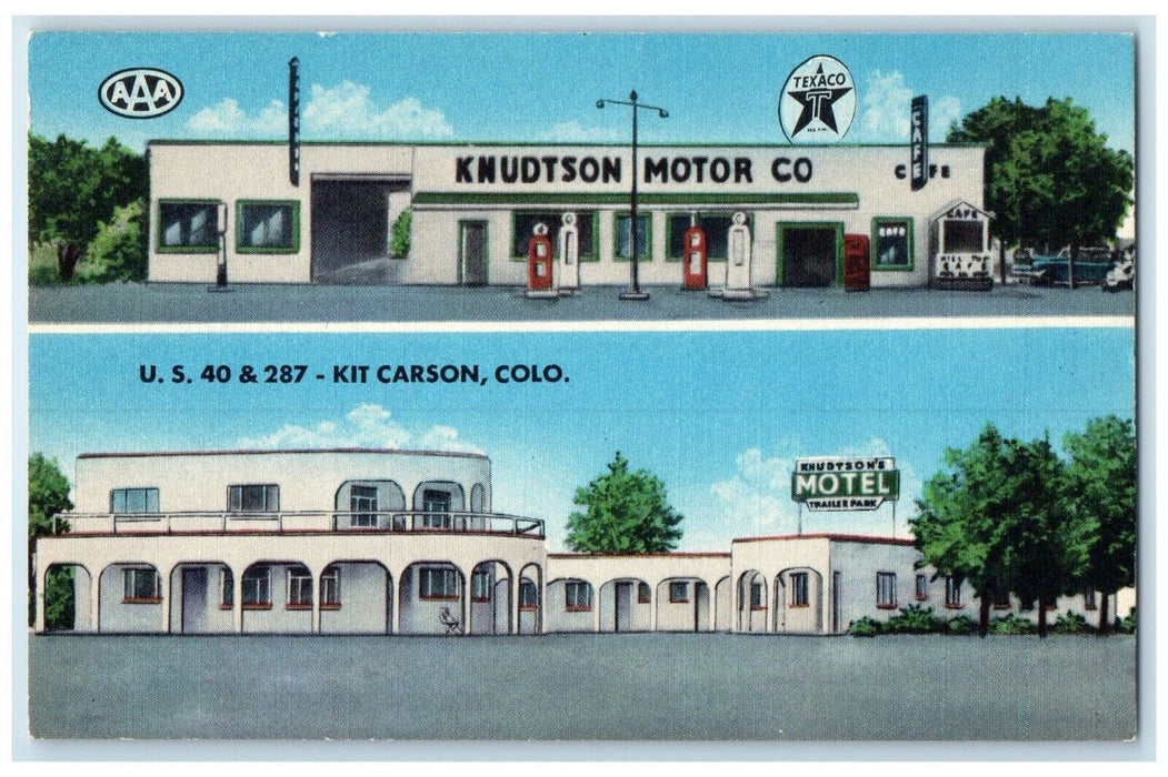 Knudston's Motel Knudston's Motor Co. Texaco Gas Station Kit Carson CO Postcard