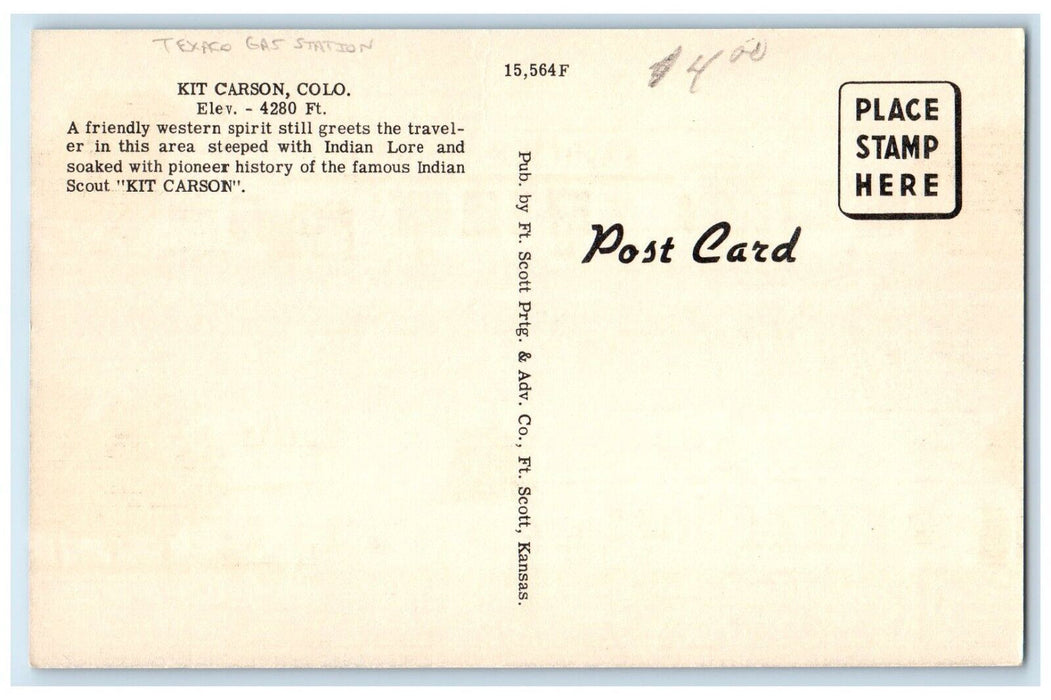 Knudston's Motel Knudston's Motor Co. Texaco Gas Station Kit Carson CO Postcard