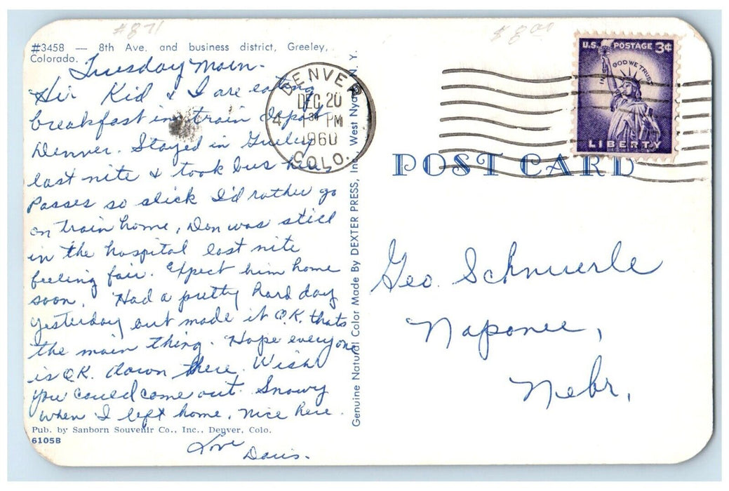 1960 8th Avenue And Business District Cafe Drugs Store Cars Greeley CO Postcard