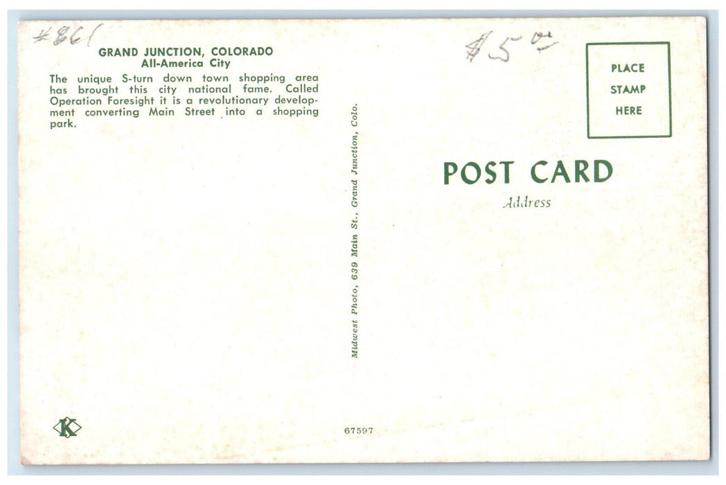 c1960 Aerial View Busy Day Main Street Grand Junction Colorado Unposted Postcard