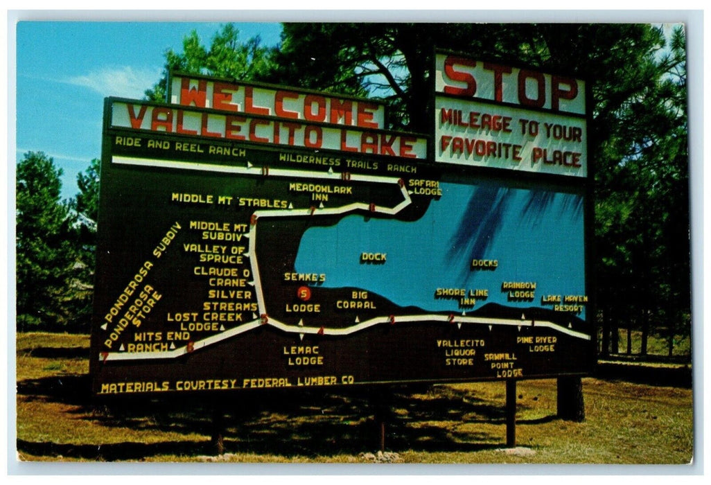 c1960 Entrance Vallecito Lake Signage Map Durango Colorado CO Unposted Postcard