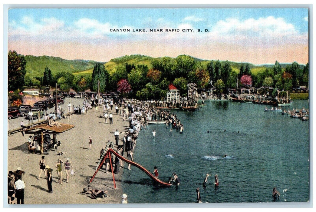 c1940 Canyon Lake Near Slides River Swimming Rapid City South Dakota SD Postcard