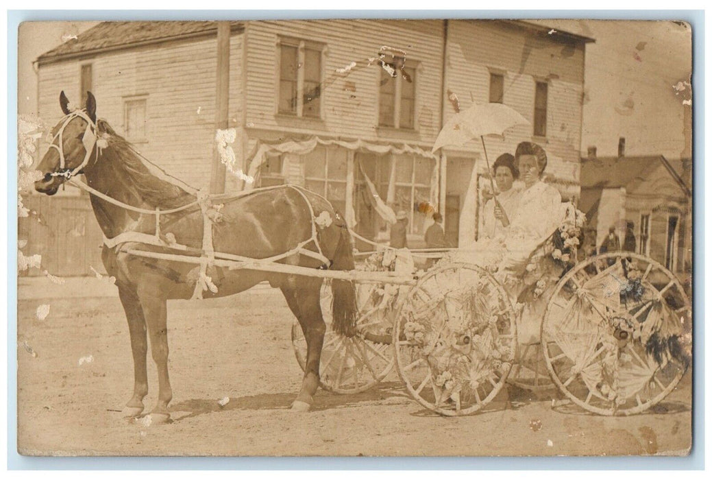 c1910's Parade Float Roses Woman Horse And Wagon RPPC Photo Antique Postcard