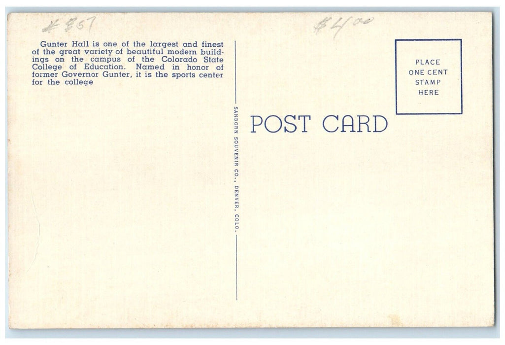 c1940 Gunter Hall Gymnasium Colorado State College Greeley Colorado CO Postcard