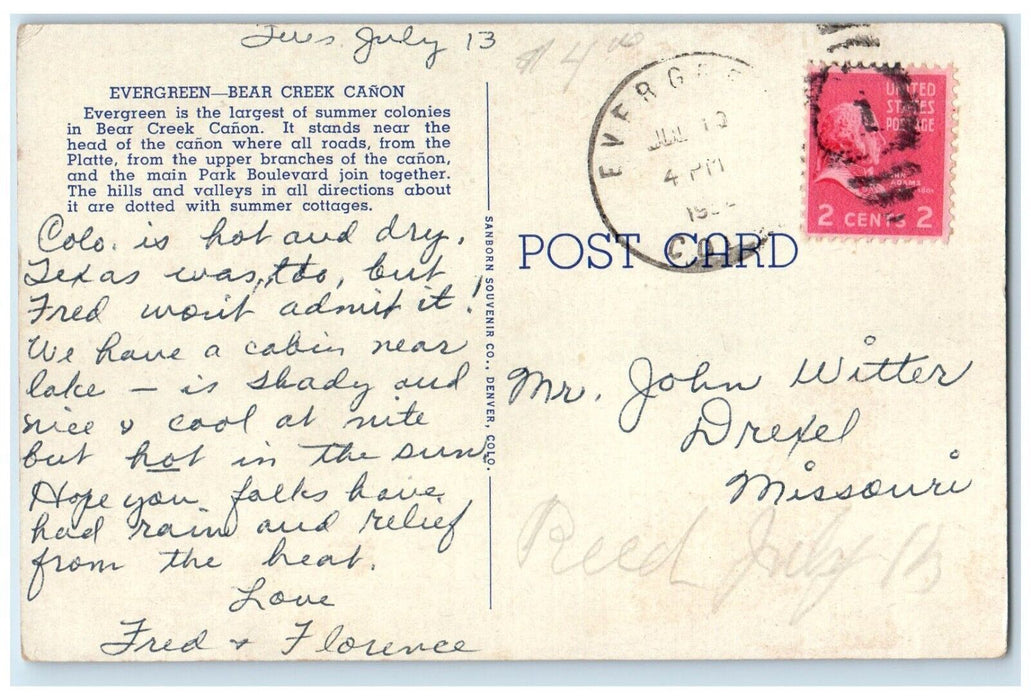 c1940 Evergreen Lake Bear Creek Canon Denver Mountain Parks Colorado CO Postcard