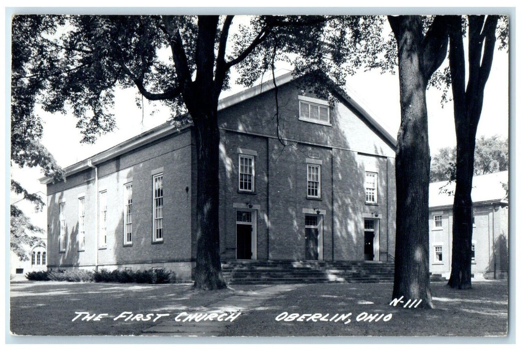 c1940's The First Church And Trees Oberlin Ohio OH RPPC Photo Vintage Postcard