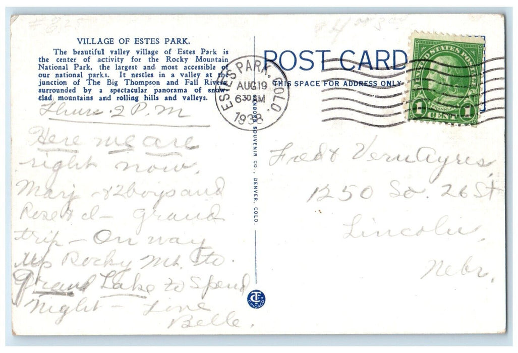 1938 Aerial Village Estes Park Rocky Mountain National Park Colorado CO Postcard