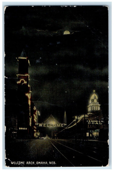 1918 Welcome Arch Moonlight Night Moon Store Exterior Omaha Nebraska NE Postcard