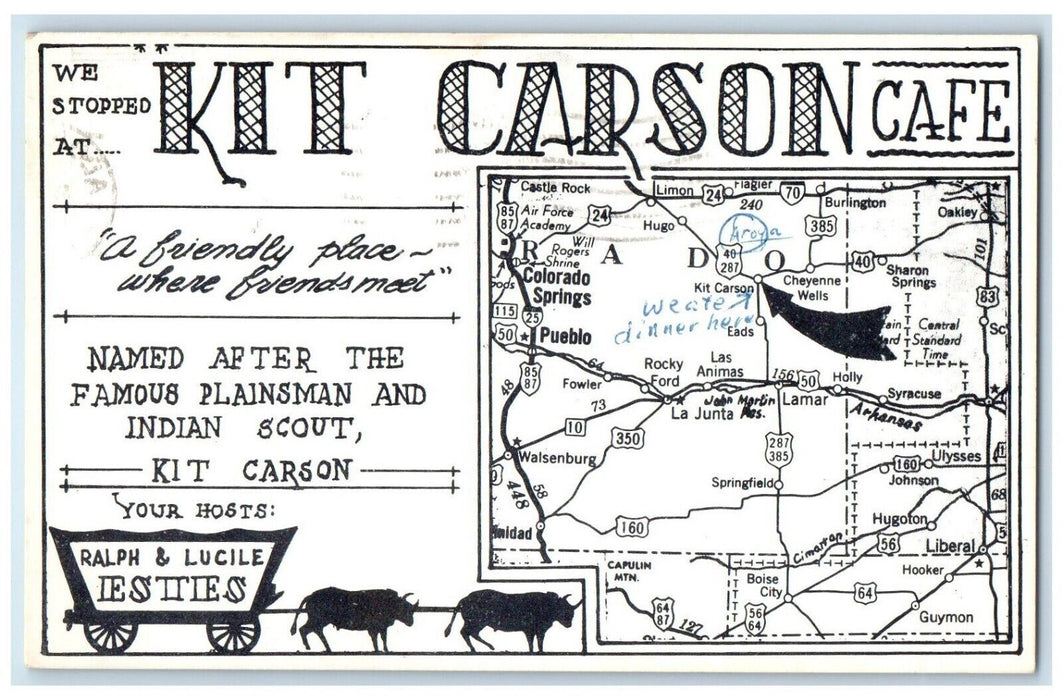 1968 Kit Carson Cafe Map Albany Missouri MO Antique Advertising Vintage Postcard