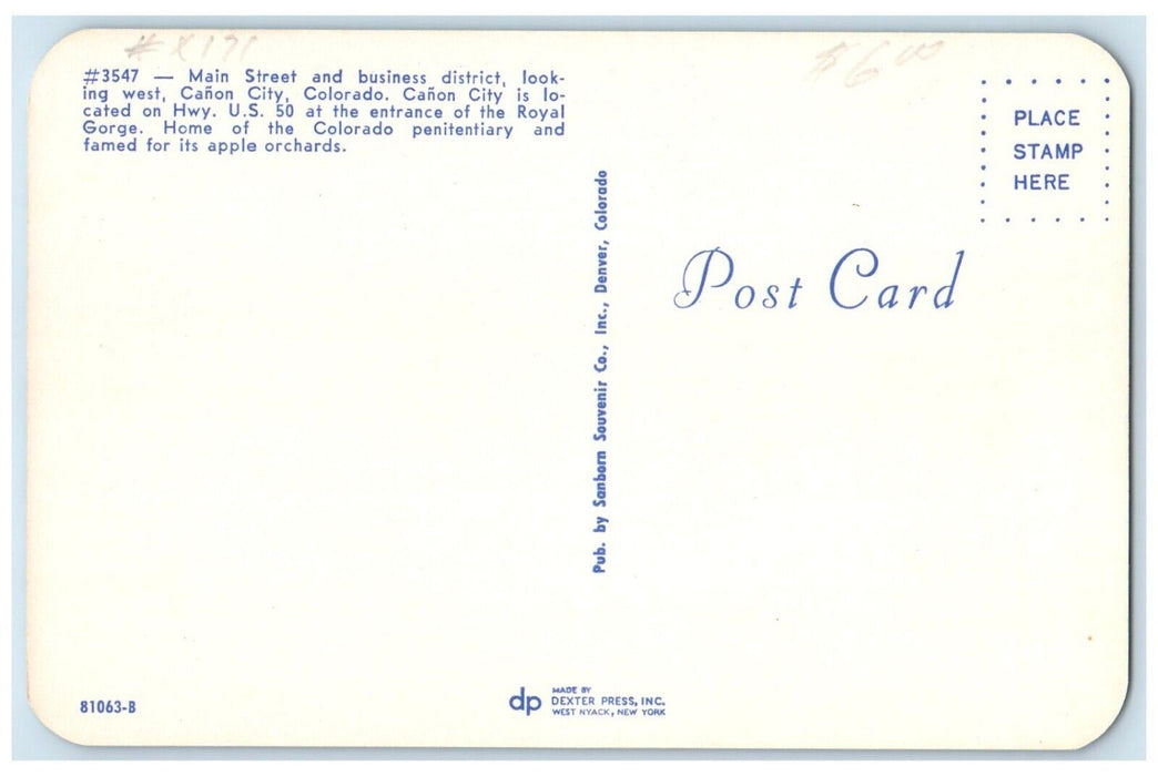 c1960 Main Street Business District Classic Cars Canon City Colorado CO Postcard