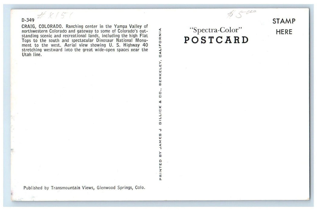 1960 Birds Eye View Ranching Center Yampa Valley Craig Colorado Antique Postcard