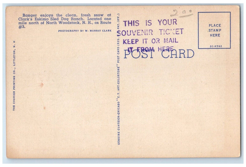 c1940 Ranger Clarks Eskino Sled Dog Ranch North Woodstock New Hampshire Postcard
