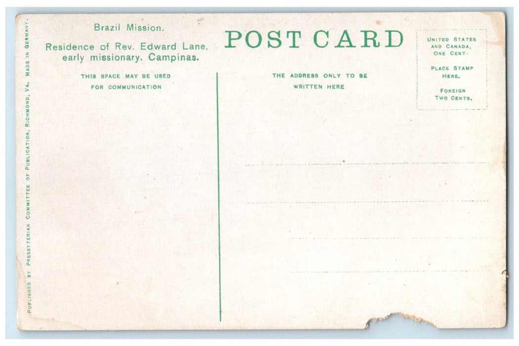 Rev. Edward Lane Residence Campinas Christian Missionary Brazil Mission Postcard