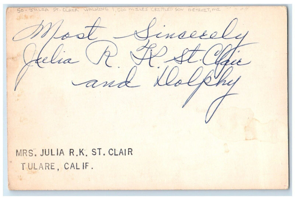 Julia St. Clair Walking 1500 Miles Crippled Son Detroit Michigan MI Postcard