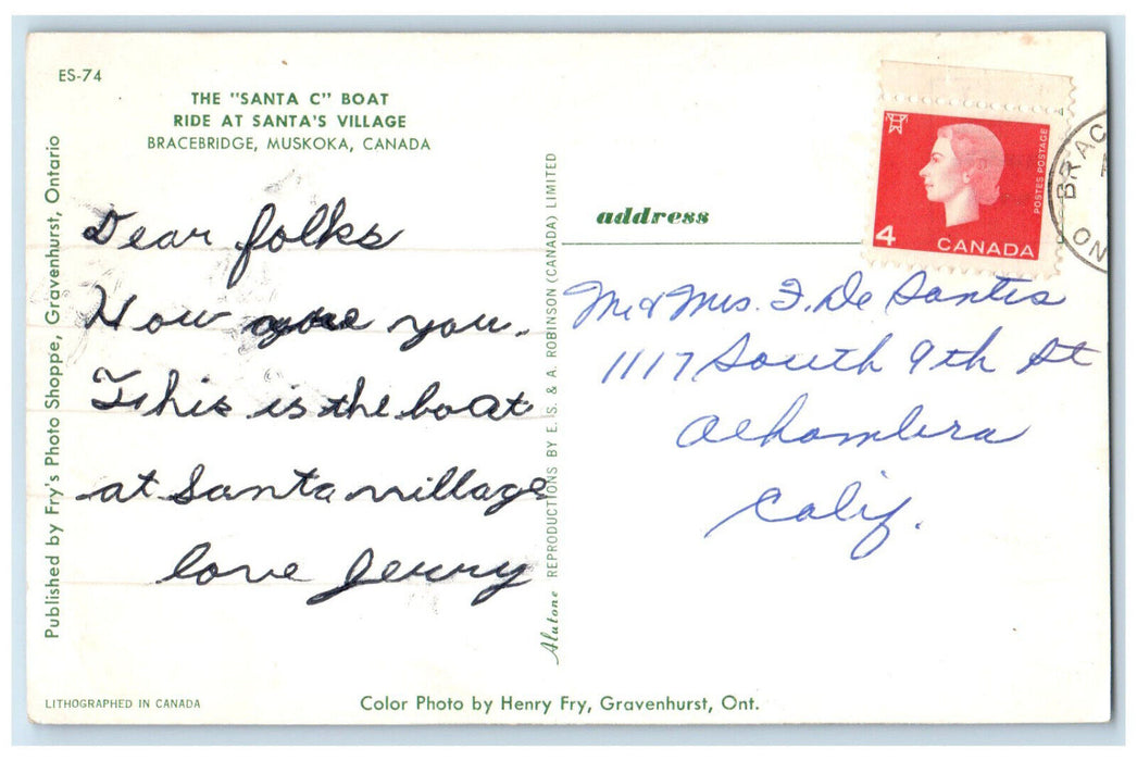 c1950's Santa C Boat Ride at Santa's Village Muskoka Canada Vintage Postcard