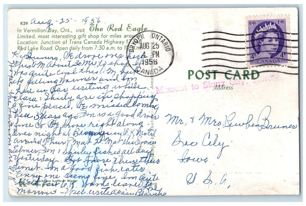 1956 Ohe Red Eagle Vermillion Bay Ontario Canada Posted Vintage Postcard