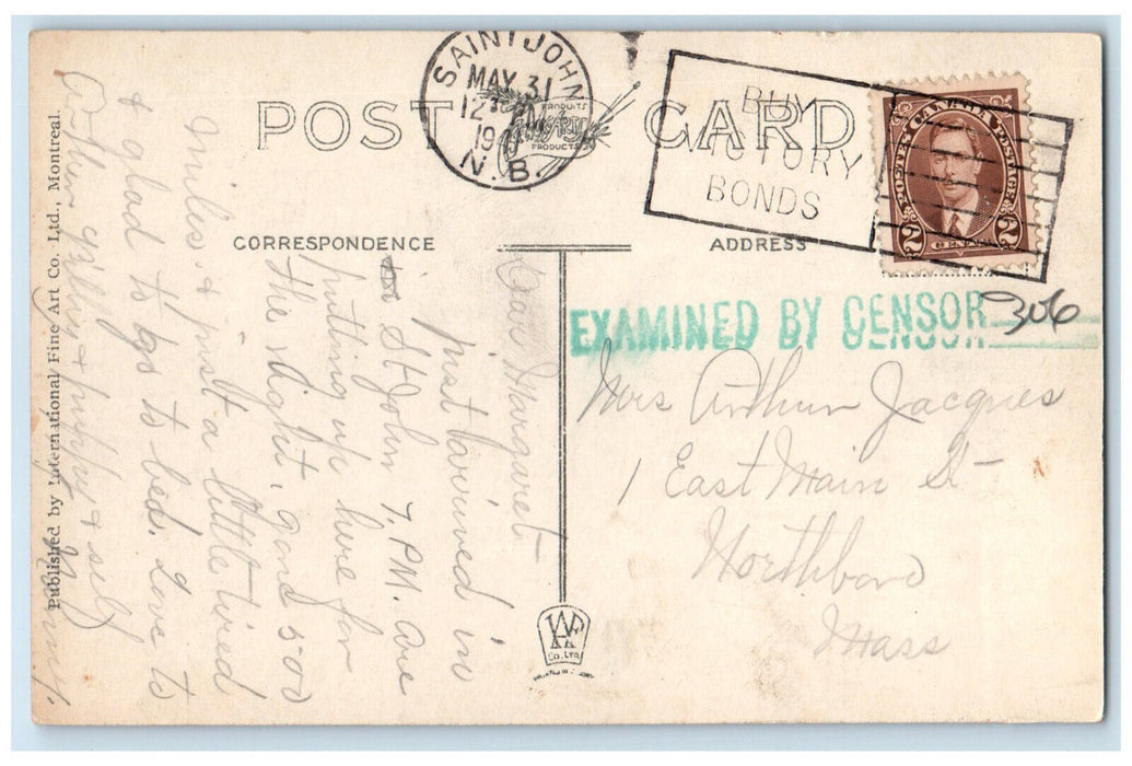 1941 International Bridge Between St. Stephen NB Canada and Calais ME Postcard