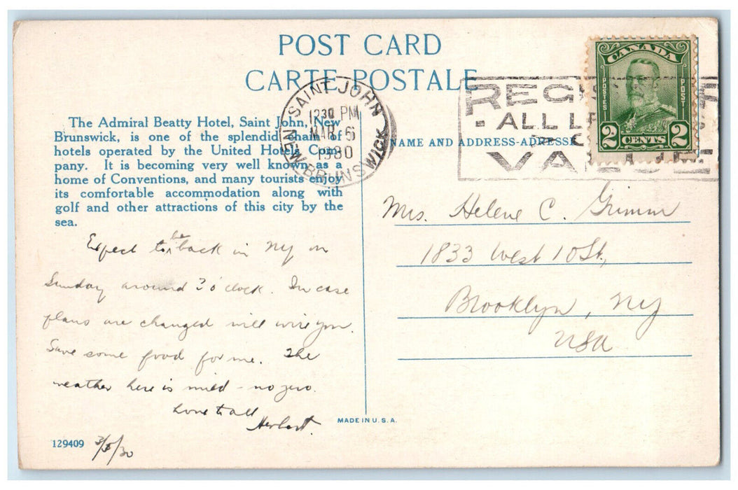 1930 The Admiral Beatty Hotel Saint John New Brunswick Canada Postcard