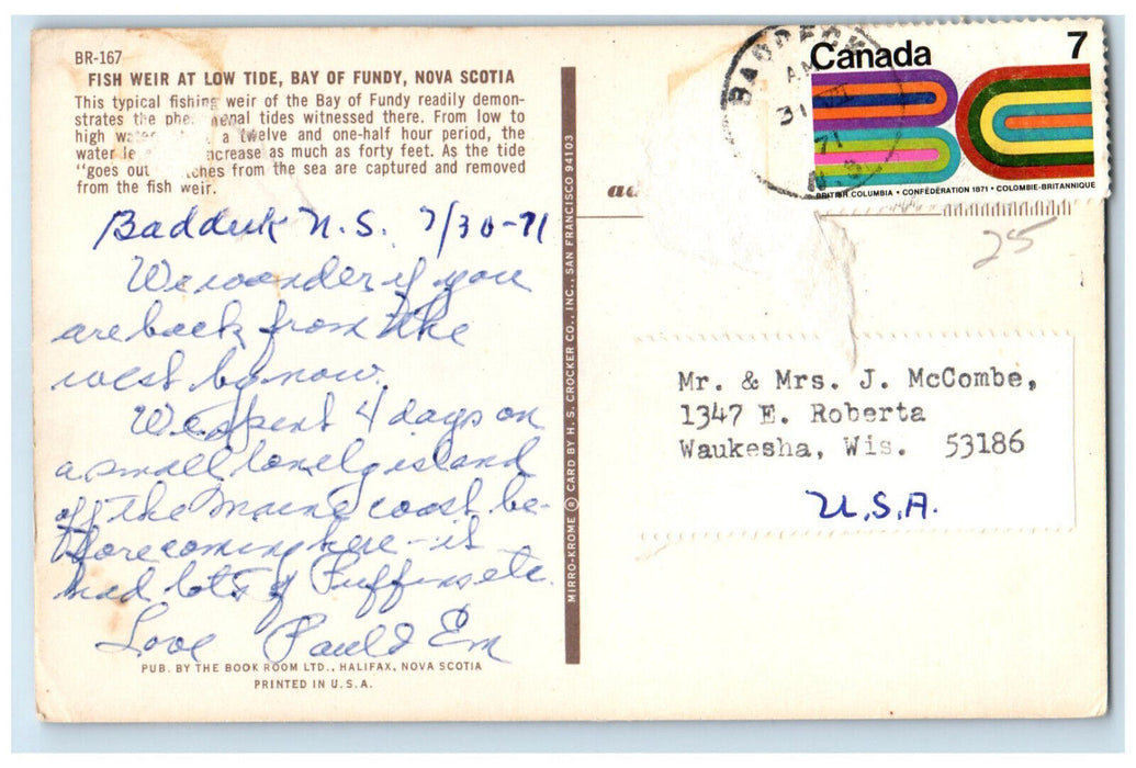 1971 Fish Weir at Low Tide Bay of Fundy Nova Scotia Canada Posted Postcard
