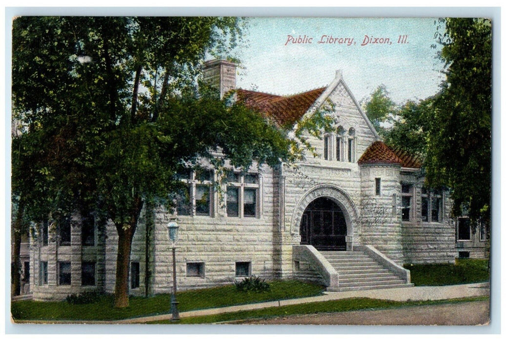 1917 Exterior View Entrance Public Library Building Dixon Illinois IL Postcard