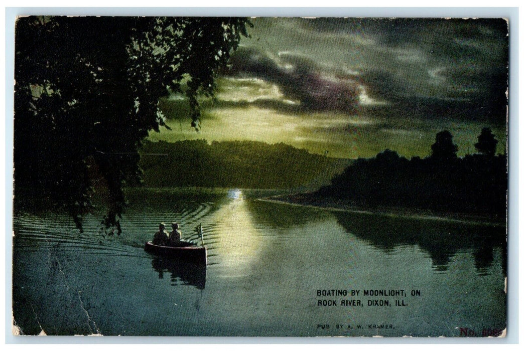 1911 Boating Moonlight Night Scene Rock River Dixon Illinois IL Vintage Postcard