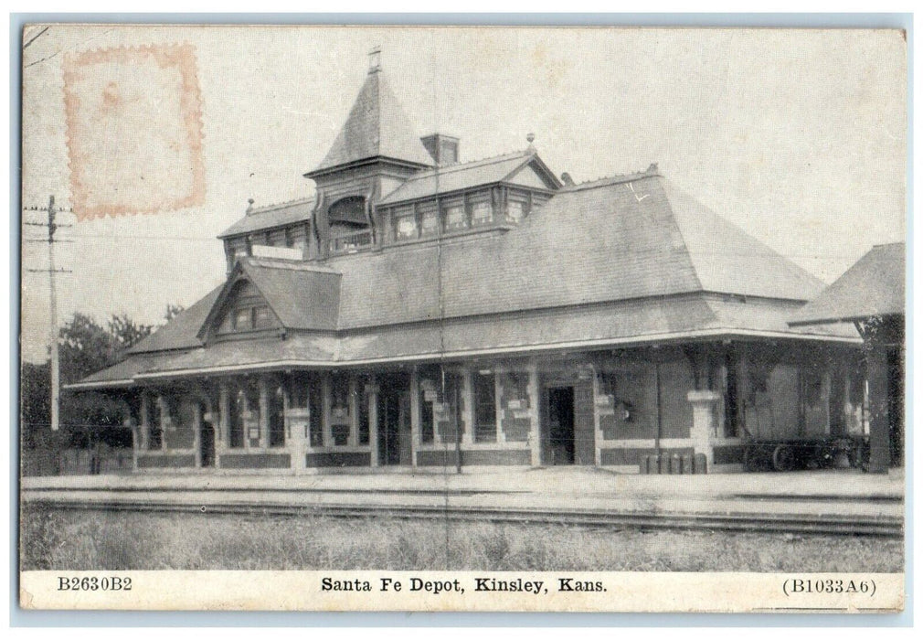 1913 Santa Fe Depot Railroad Train Wagon Kinsley Kansas KS Antique Postcard